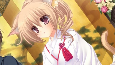Mikagami mamizu, neko koi, ryuudou misaki, девушка, блондинка, челки, кимоно