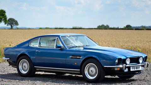 Aston martin, v8, салон, 1972, синий, вид сбоку, автомобили, небо