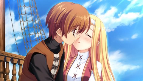Kurosaki, boku no te no naka no rakuen, девушка, мальчик, ожидание, поцелуй, небо