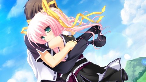 Mikagami mamizu, neko koi, toono sayaka, девушка, мальчик, объятие, небо, нежность