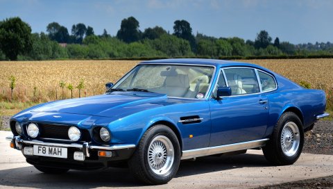 Aston martin, v8, салон, 1972, синий, вид сбоку, автомобили, природа