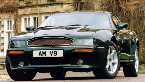 Aston martin, v8, купе, 1996, зеленый, вид спереди, авто, домашний