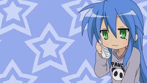 Счастливая звезда, izumi konata, девушка, телефон, улыбаясь