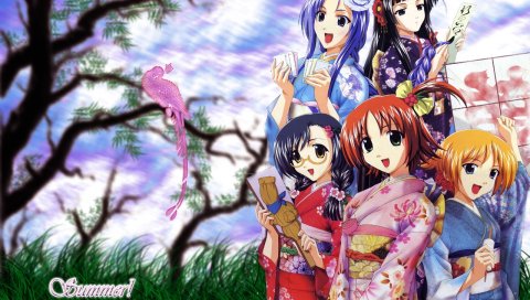Raimuiro senkitan, sanada momen, kuroda rinzu, honda sarasa, katou asa, fukushima kinu, девушки, кимоно, радость