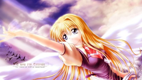 Воздух, kamio misuzu, девушка, блондинка, небо, перья
