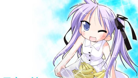 Счастливая звезда, hiiragi kagami, девушка, подмигивание, бананы