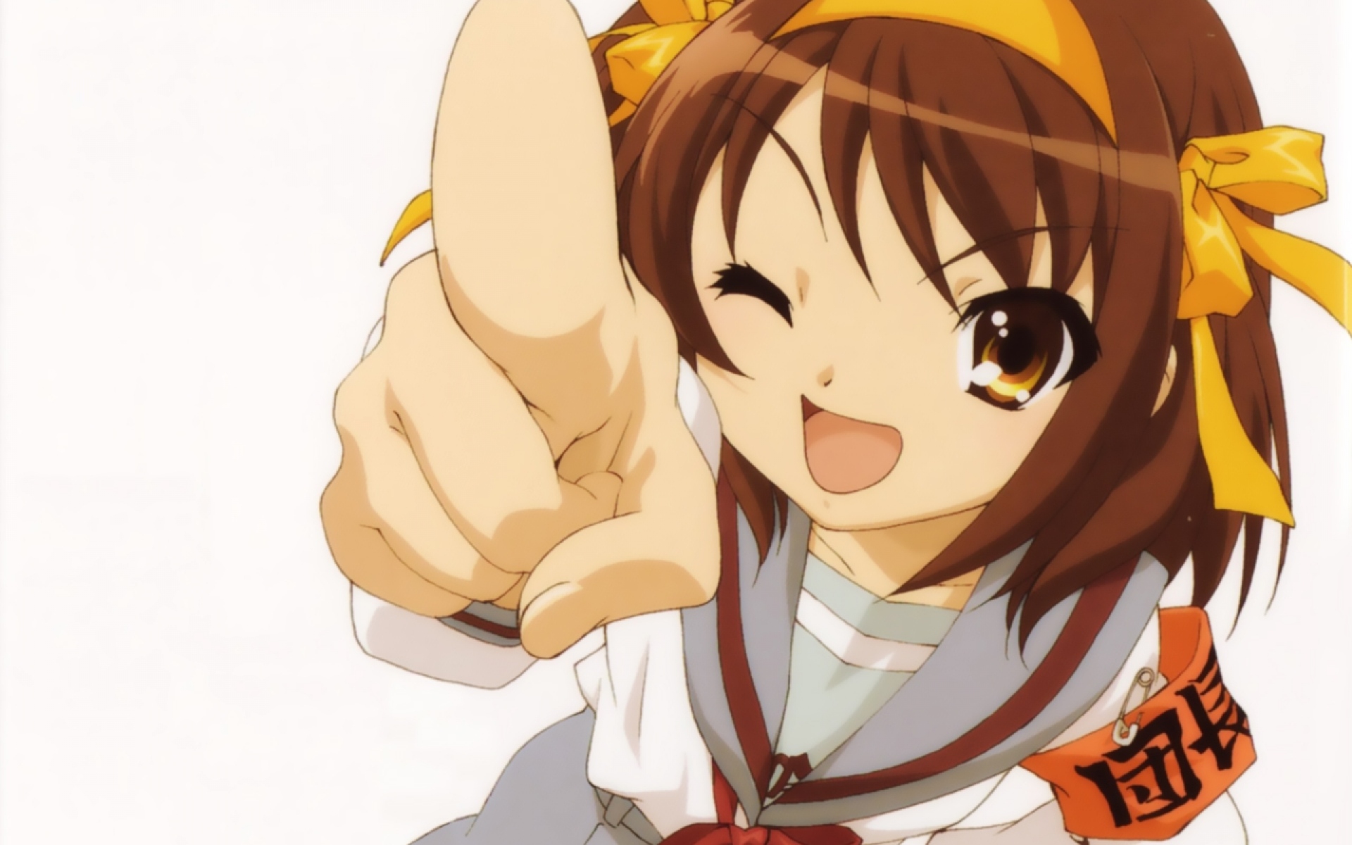 Картинки Suzumiya haruhi no yuutsu, девушка, подмигивание, палец, жест фото и обои на рабочий стол