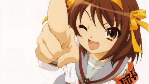 Suzumiya haruhi no yuutsu, девушка, подмигивание, палец, жест