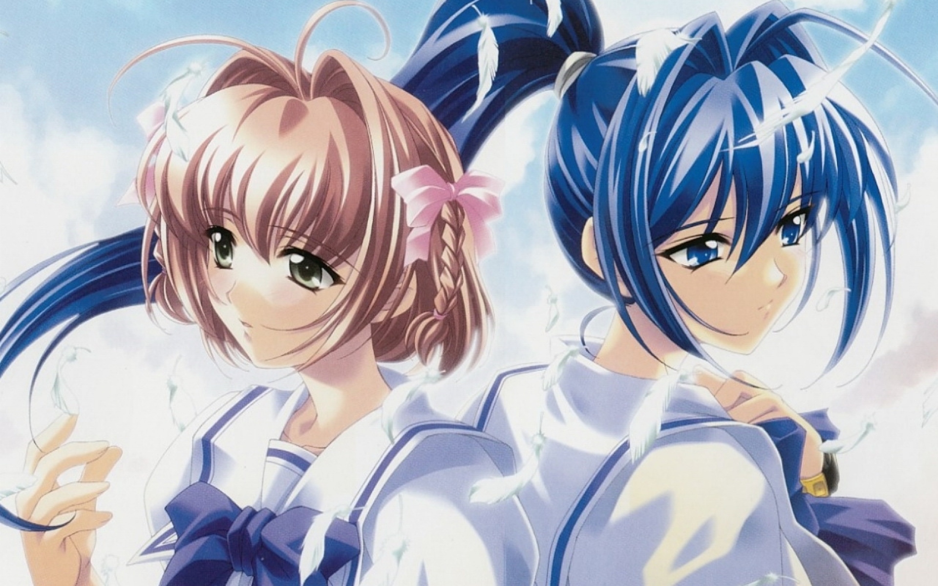 Картинки Kimi ga nozomu eien, suzumiya haruka, hayase mitsuki, девушка, ветер, перья, небо фото и обои на рабочий стол