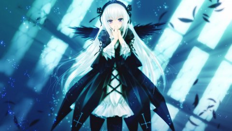 Rozen maiden, suigintou, девушка, блондинка, платье, крылья, перья, полет