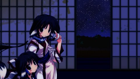 Utawarerumono, eruruw, aruruw, девушки, кимоно, хвост, ночь