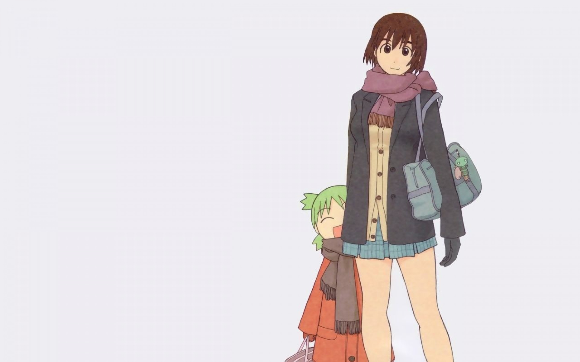 Картинки Yotsubato, koiwai yotsuba, ayase fuuka, девушка, ребенок, сумка, шарф фото и обои на рабочий стол