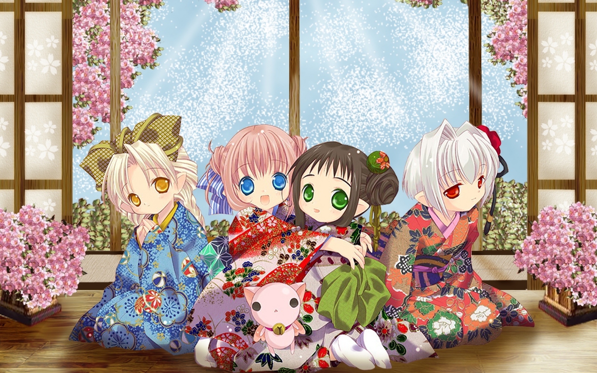 Картинки Tokumi yuiko, oboro, kururu, hororo, sarara, chiriri, девушки, кимоно, кошка, цветы фото и обои на рабочий стол