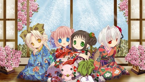 Tokumi yuiko, oboro, kururu, hororo, sarara, chiriri, девушки, кимоно, кошка, цветы