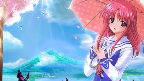 Nishimata aoi, девушка, зонтик, природа, бабочка