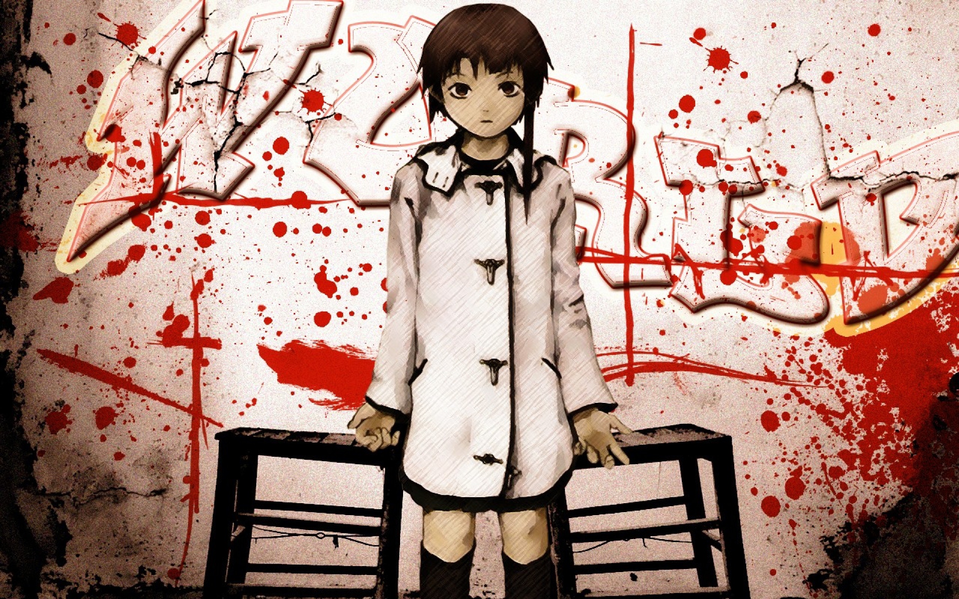 Картинки Последовательные эксперименты lain, iwakura lain, девушка, стена, кровь фото и обои на рабочий стол