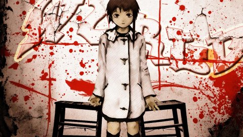 Последовательные эксперименты lain, iwakura lain, девушка, стена, кровь