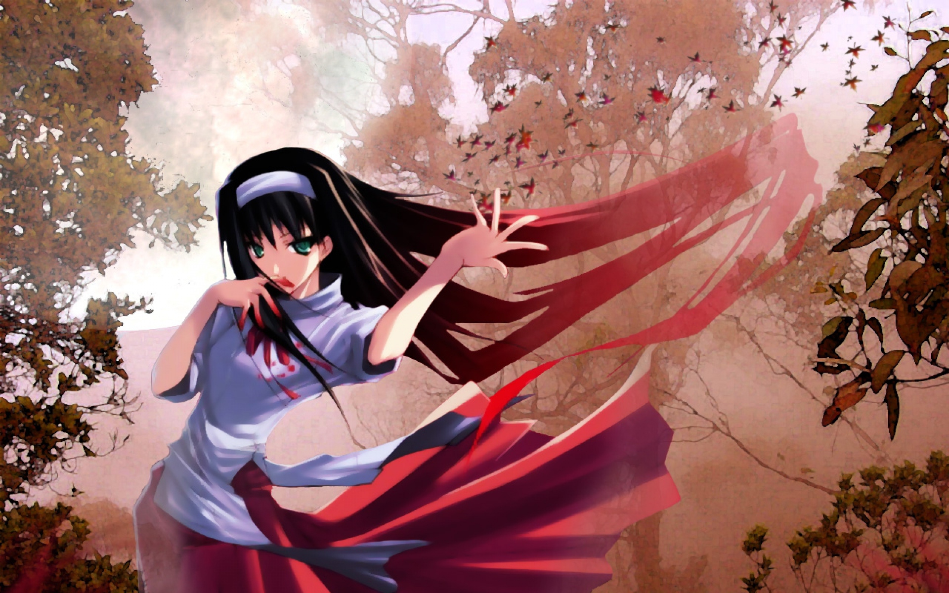 Картинки Shingetsutan tsukihime, tohno akiha, девушка, платье, брюнетка, листва, жест фото и обои на рабочий стол