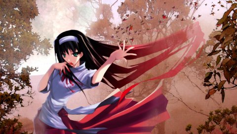 Shingetsutan tsukihime, tohno akiha, девушка, платье, брюнетка, листва, жест