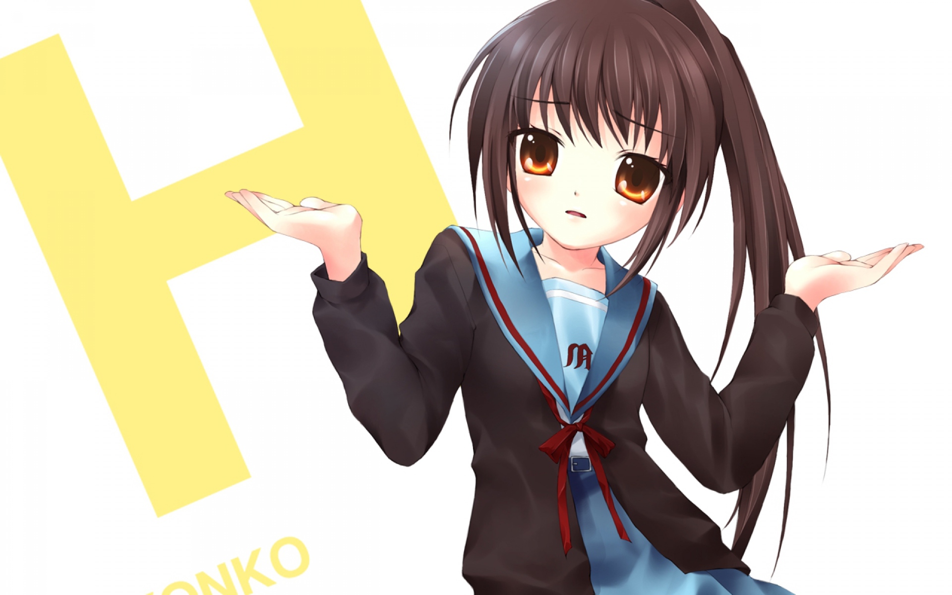Картинки Suzumiya haruhi no yuutsu, kyonko, девушка, брюнетка, школьная форма, оружие фото и обои на рабочий стол