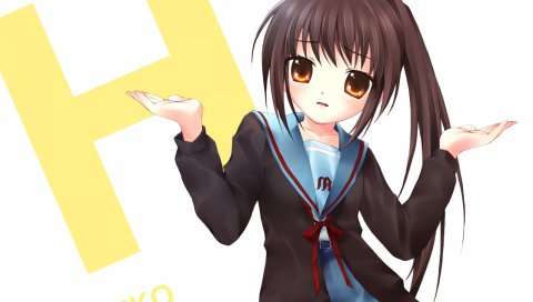 Suzumiya haruhi no yuutsu, kyonko, девушка, брюнетка, школьная форма, оружие