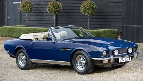 Aston martin, v8, 1977, синий, вид сбоку, кабриолет, здание