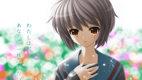 Suzumiya haruhi no yuutsu, nagato yuki, девушка, брюнетка, слезы, рука