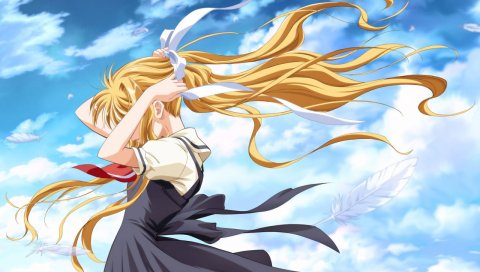 Воздух, kamio misuzu, девушка, блондин, ветер, перья, небо