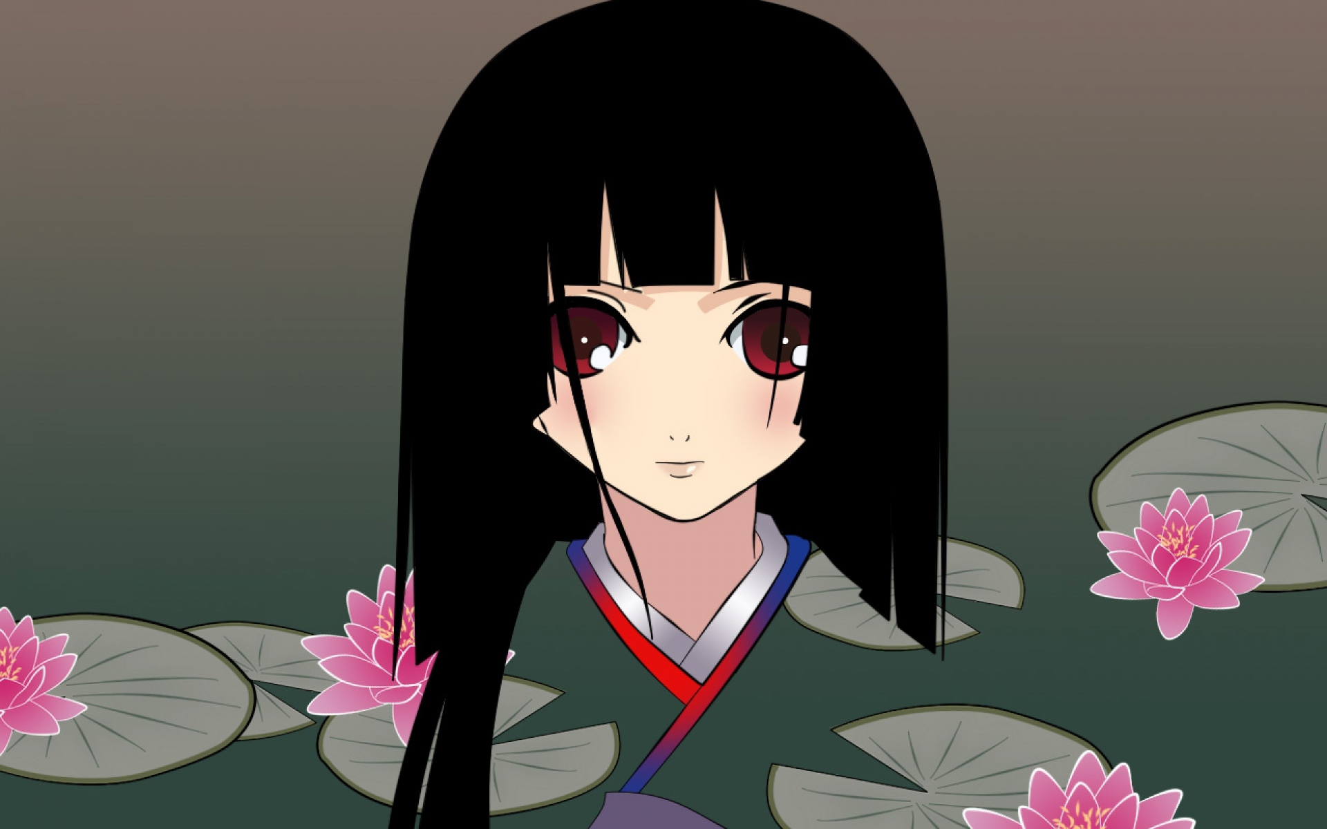 Картинки Jigoku shoujo, enma ai, девушка, брюнетка, кувшинки, челки фото и обои на рабочий стол