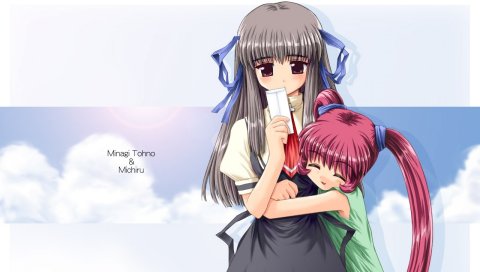 Воздух, tohno minagi, michiru, девушка, обниматься, небо