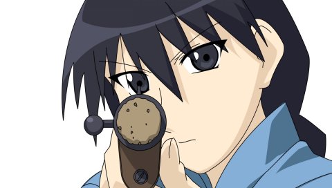 Azumanga daioh, sakaki, девушка, брюнетка, оружие, крупный план