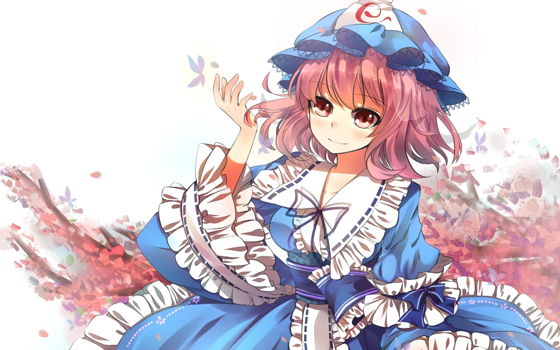 Картинки Anthiea, saigyouji yuyuko, девушка, шляпа, улыбка, платье фото и обои на рабочий стол