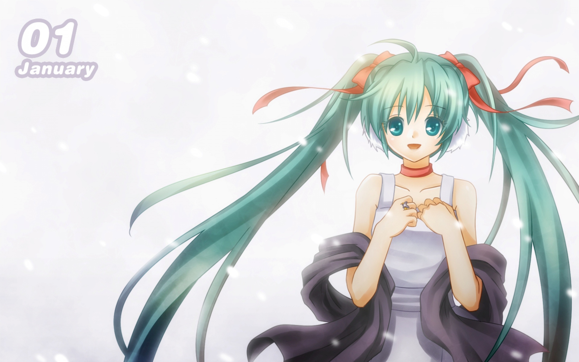 Картинки Hatsune miku, девушка, улыбка, платье, снег фото и обои на рабочий стол