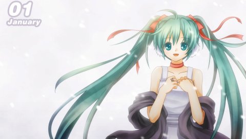 Hatsune miku, девушка, улыбка, платье, снег