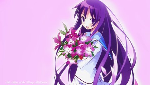 Hanbun no tsuki ga noboru sora, akiba rika, девушка, радость, букет