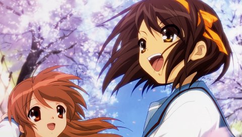 Suzumiya haruhi no yuutsu, suzumiya haruhi, asahina mikuru, sakura, girl, joy, space