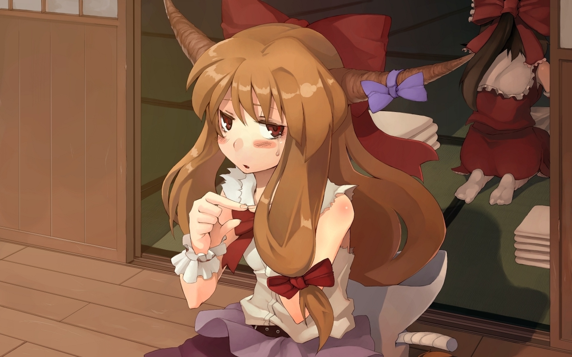 Картинки Hakurei reimu, ibuki suika, девушка, зеркало, рог фото и обои на рабочий стол