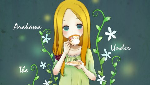 Arakawa, under, мост, nino, девушка, блондин, чашка, растение