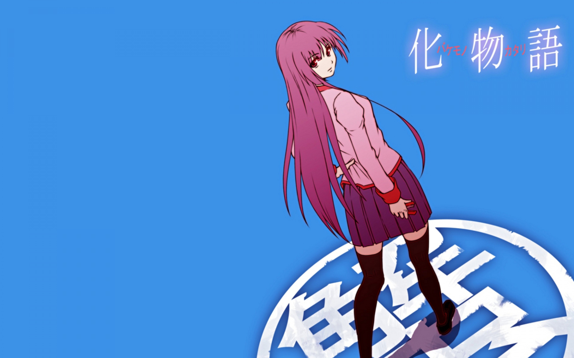 Картинки Bakemonogatari, senjougahara hitagi, девушка, розовые волосы, юбка, поза фото и обои на рабочий стол