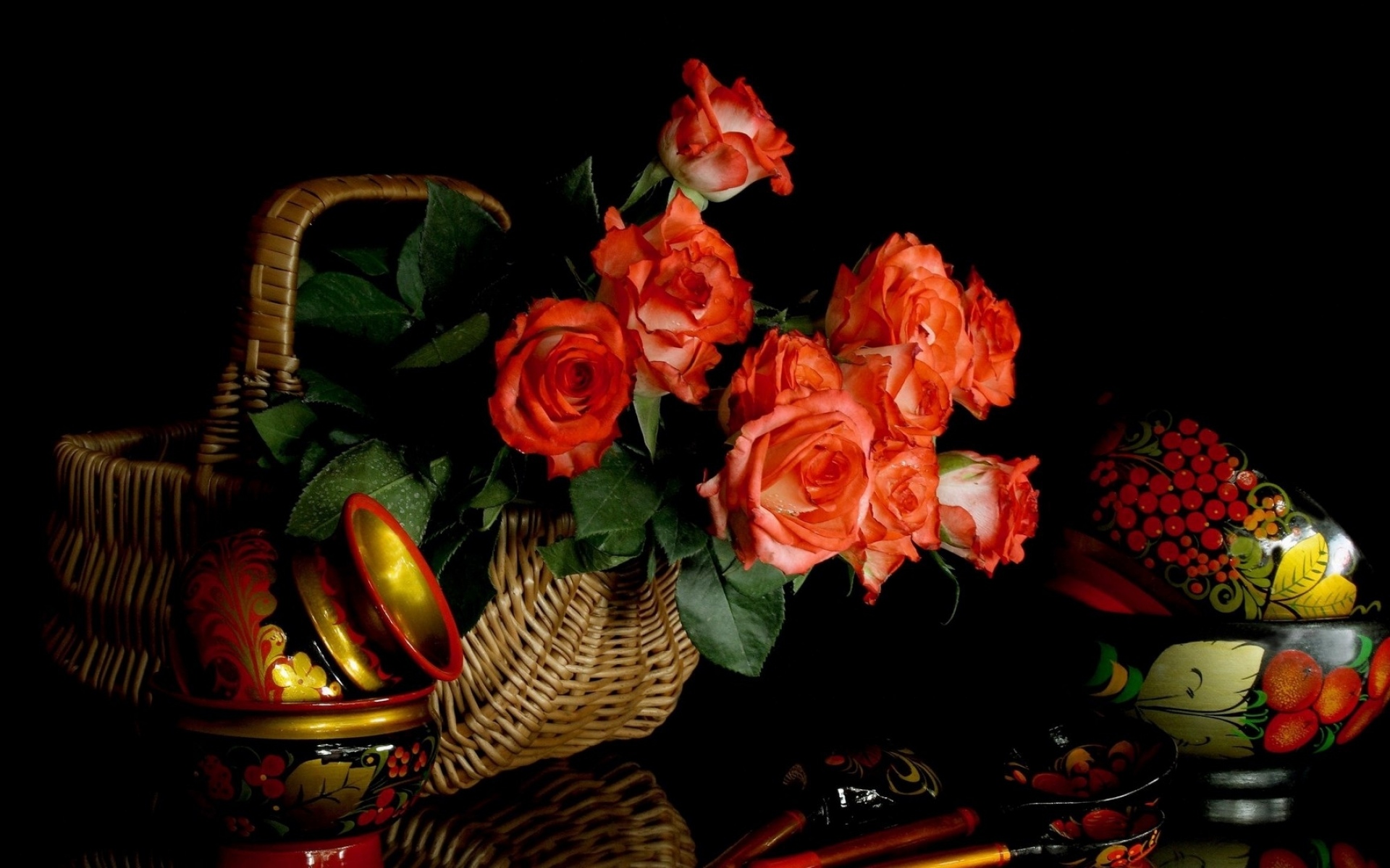 Картинки Розы, цветы, букет, корзина, русский, фолк, краска, хохлома фото и обои на рабочий стол