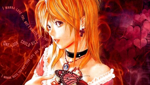 Amane misa, девушка, сердце, бабочка, взгляд