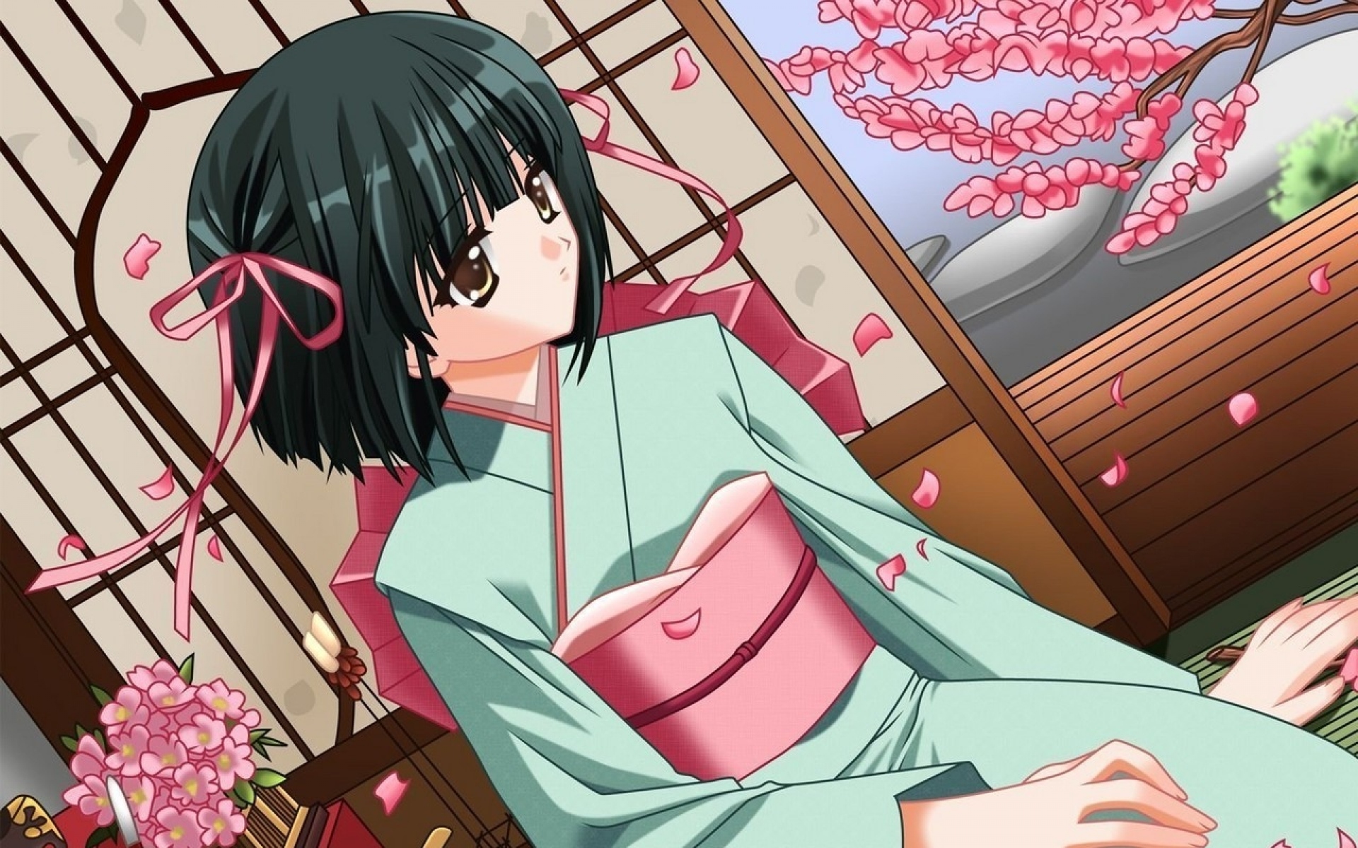 Картинки Сердолик, ночной демон, ryuujou mashiro, девушка, брюнетка, кимоно, лепестки фото и обои на рабочий стол