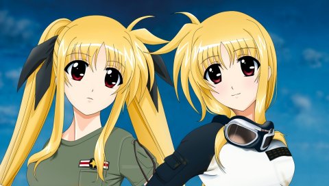 Mahou shoujo лирическая nanoha, девушка, блондинка, близнецы, посмотрите