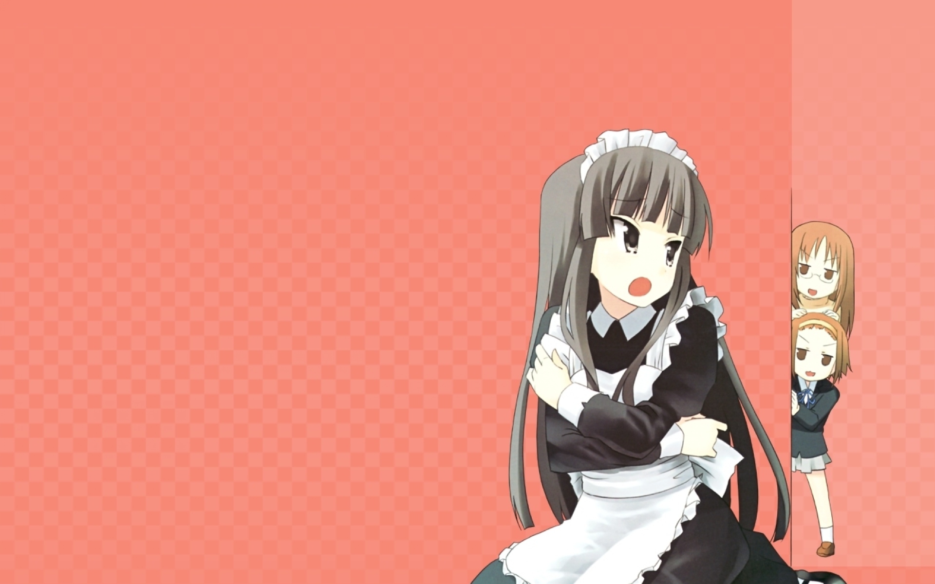 Картинки K-on, akiyama mio, tainaka ritsu, yamanaka sawako, девушка, брюнетка, горничная, неудовлетворенность фото и обои на рабочий стол