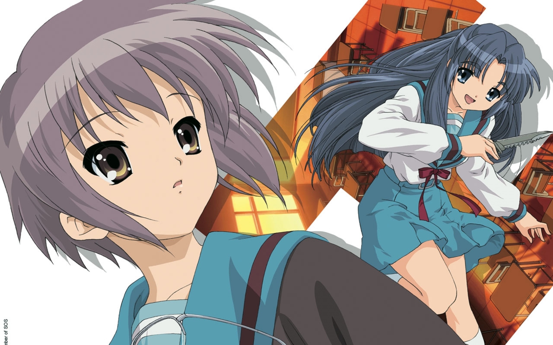 Картинки Suzumiya haruhi no yuutsu, nagato yuki, asakura ryouko, девушка, очки, нож фото и обои на рабочий стол