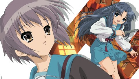 Suzumiya haruhi no yuutsu, nagato yuki, asakura ryouko, девушка, очки, нож