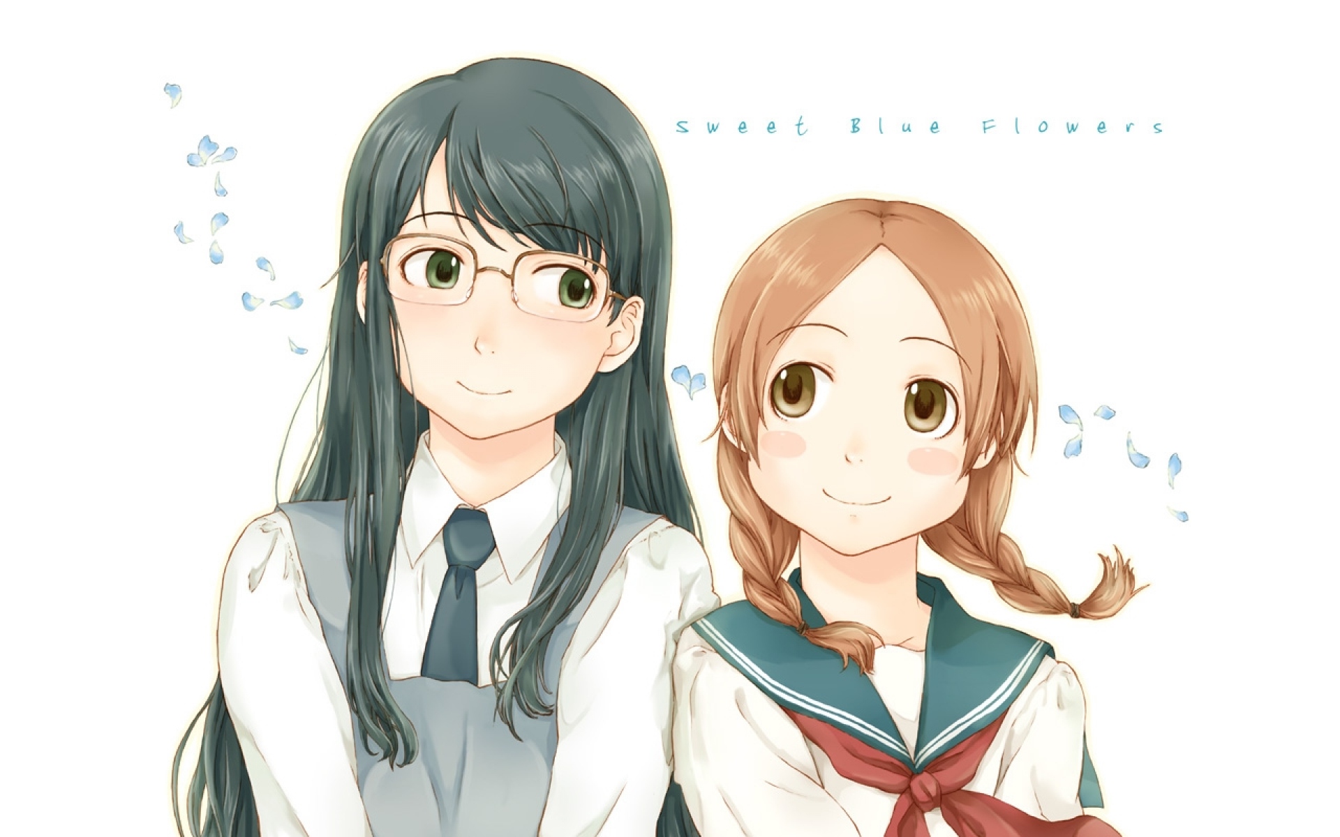 Картинки Aoi hana, manjoume fumi, okudaira akira, девушка, улыбка, школьная форма фото и обои на рабочий стол