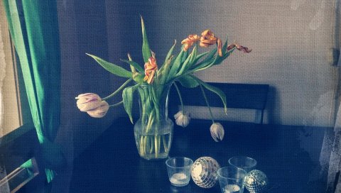 Тюльпаны, лилии, цветы, ваза, стол, очки, свечи, сетка, окно