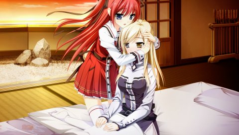 Kimishima ao, otome ga tsumugu koi no canvas, ootori rena, shishidou chiharu, девушка, объятия, кровать