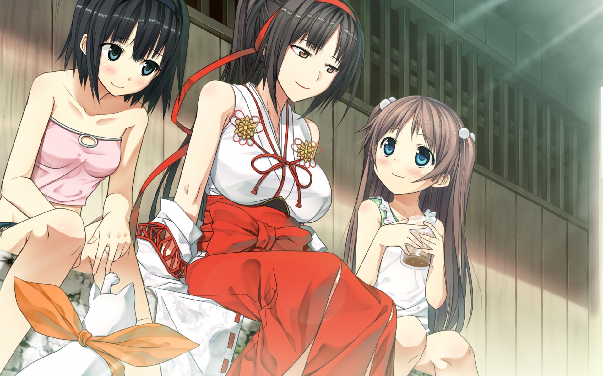 Картинки Monobeno, sawai natsuha, alishima alice, девушки, кошка, улыбка фото и обои на рабочий стол
